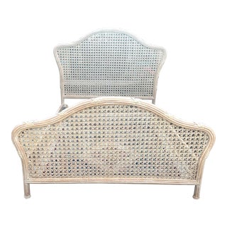 Late 20th Century Vintage Blonde Faux Bamboo and Rattan Queen Size Bed For Sale