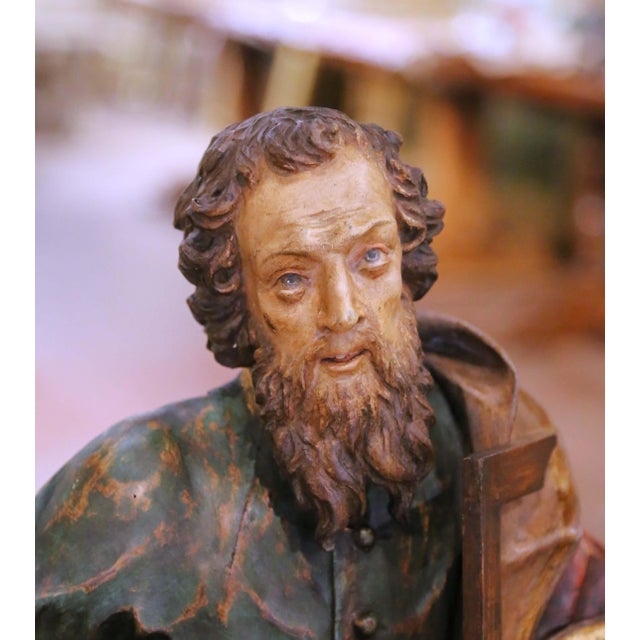 French Provincial 17th Century Polychrome Carved Wood Sculpture of Saint Thomas the Apostle For Sale - Image 3 of 9