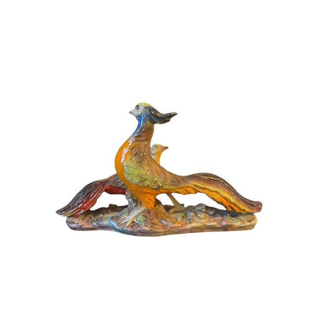 Vintage Large Italian Colorful Glazed Porcelain Pheasant Couple Sculpture For Sale - Image 6 of 13
