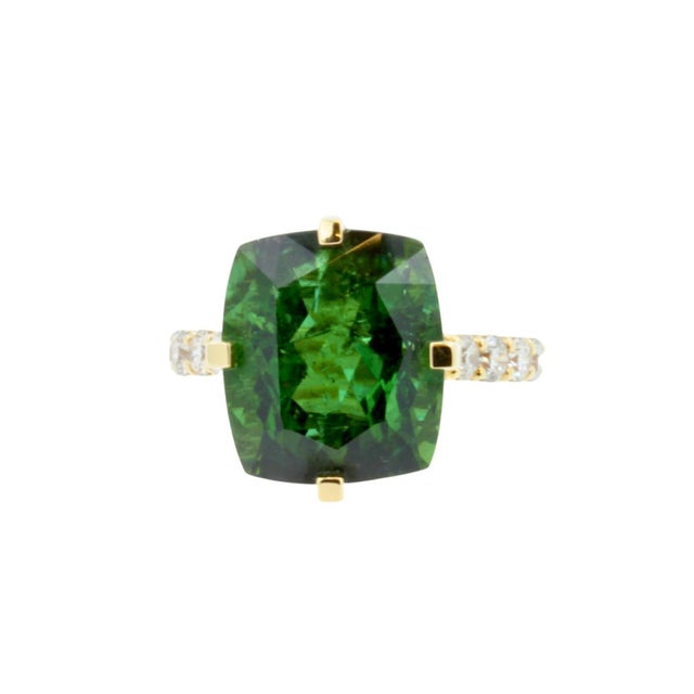 Cushion Large Green Tourmaline Diamond Cocktail Compass Statement 18 Karat Yellow Gold Ring * 18 Karat Yellow Gold * 12.96...
