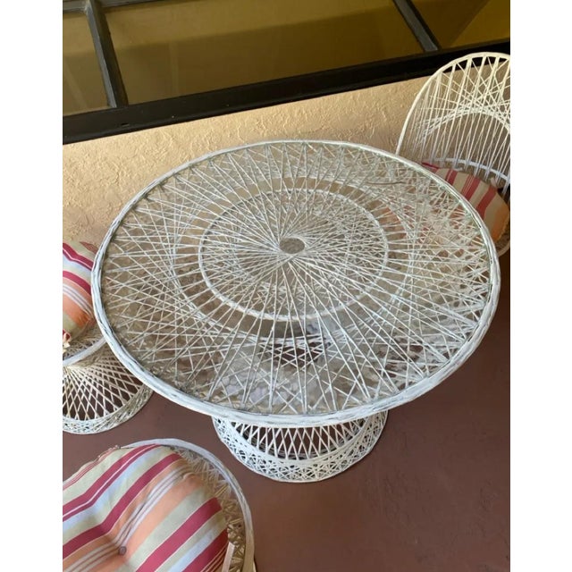 Plastic Vintage Russell Woodard Web Spun Fiberglass Patio Set- 3 Chairs and Round Table With Glass Top For Sale - Image 7 of 12