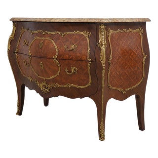 French Louis XV Vintage Marble Top Marquetry Commode For Sale