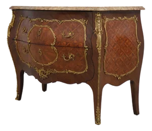 French Louis XV Vintage Marble Top Marquetry Commode