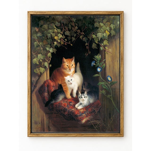 This vintage cat wall art print reproduces Henriëtte Ronner’s charming 1844 painting Cat with Kittens. The dramatic dark...