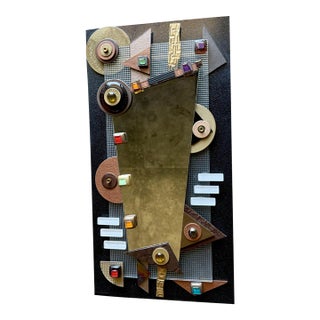Postmodern Mixed Media Studio Glass Mirror Asymmetrical Memphis Style Geometric Brutalist Wall Sculpture For Sale