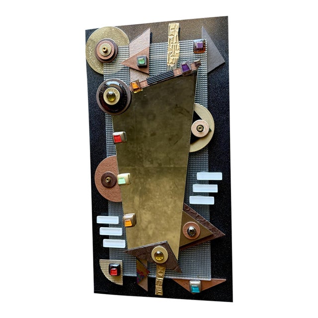 Postmodern Mixed Media Studio Glass Mirror Asymmetrical Memphis Style Geometric Brutalist Wall Sculpture For Sale
