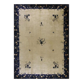 1920s Rectangle Hand Knotted Wool Antique Open Field Medallion Blue Large Rug For Sale