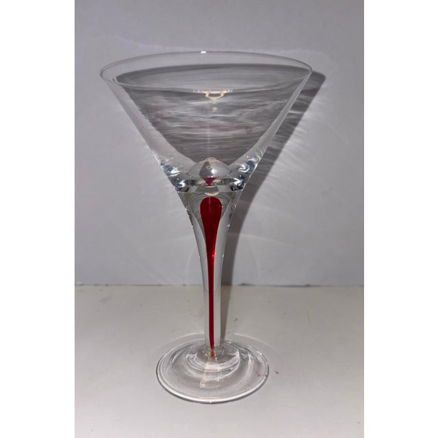 Mid 20th Century Sculptural Red Stem Martini Glasses, Murano Style Art Glass Cocktail Coupes - Set of 4 For Sale - Image 4 of 9