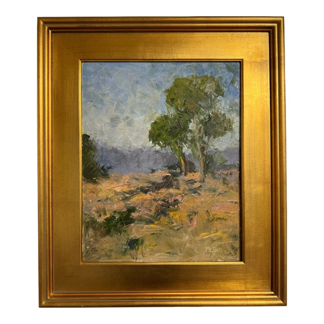 1970s Signed Oil Landscape Painting by p.k. Jones in Gilt Wood Frame For Sale