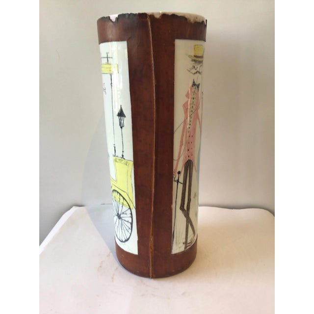 1960s 1960s Quadrifoglio Italian Leather & Ceramic Hand Painted Vase or Umbrella Stand For Sale - Image 5 of 11