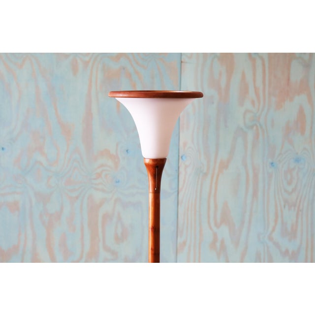 1960s Solid Teak Danish Modern Tulip Floor Lamp Frosted Glass Shade For Sale - Image 4 of 9