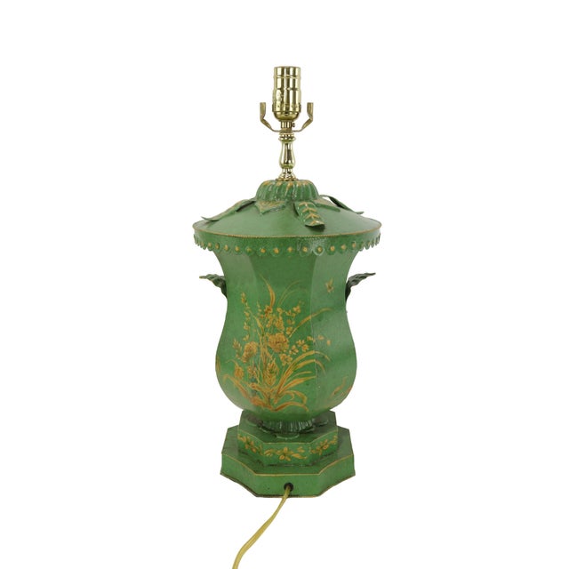 Vintage Handcrafted Forged Iron Green Hand-Painted Gold Chinoiserie Table Lamp. For Sale - Image 4 of 9