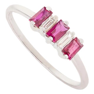 Ruby July Birthstone Three-Stone Ring With Baguette Diamonds in 14k Gold Size 6.5 For Sale