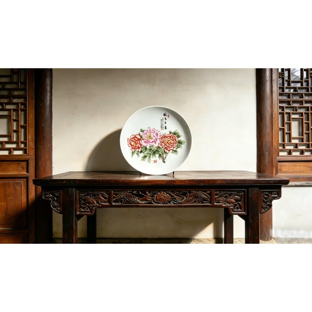 Chinese Ceramic Plate,Famille Rose Porcelain Plate Hand Painted Peony Flowers Pattern For Sale - Image 4 of 10