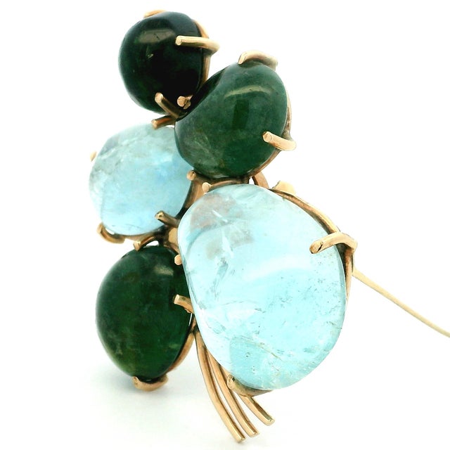 Italian Mid-Century Convertible Aquamarine & Green Tourmaline 14k Brooch Ring For Sale - Image 11 of 14