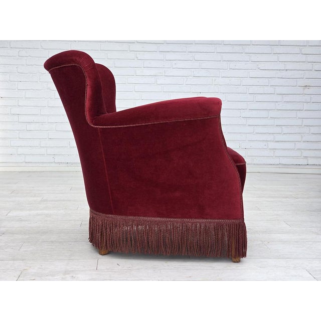 Vintage Danish Lounge Chair in Cherry-Red Furniture Velour and Oak, 1960s For Sale - Image 9 of 18