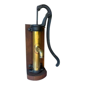 Brass and Cast Iron Antique Pump and Spout Mounted on Wood, C. 1900