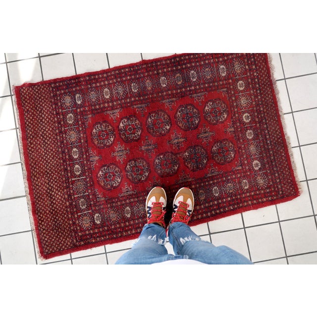 Abstract 1950s, Handmade Vintage Uzbek Bukhara Rug 3.2' X 4.9' For Sale - Image 3 of 10