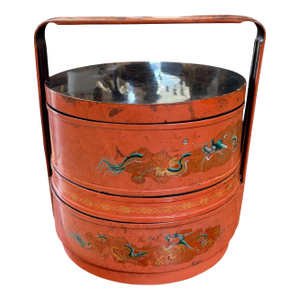 Antique Japanese Orange Lacquer Picnic Basket Box