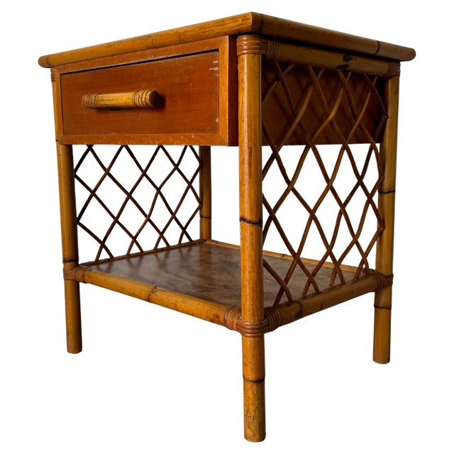 Vintage Chic Coastal Rattan Nightstand For Sale