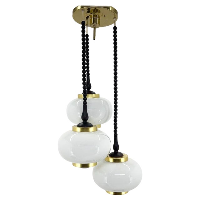 Mid-Century Wood, Milk Glass & Brass Cascade Chandelier, Poland, 1970s For Sale