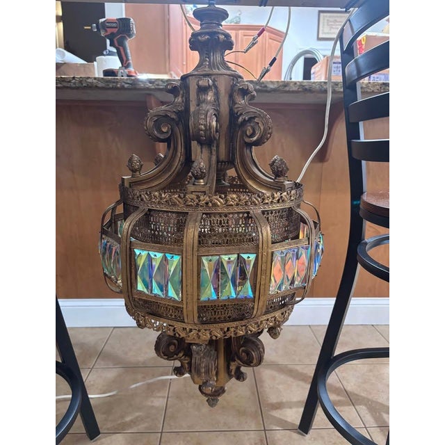 Glass Mid 20th Century Spanish Revival Prism Glass Lantern Chandelier - Ornate Hanging Light - 30" For Sale - Image 7 of 8