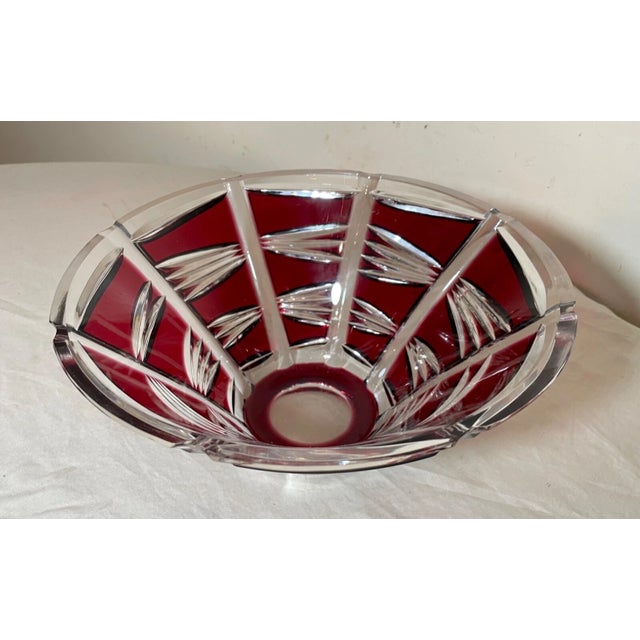 Glass Vintage Bohemian Czech Centerpiece Cranberry Red Cut to Clear Glass Crystal Bowl For Sale - Image 7 of 12