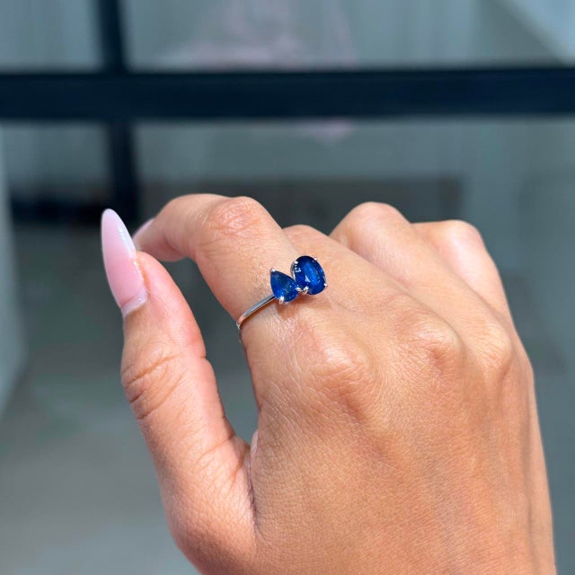 Not Yet Made - Made To Order Contemporary 2.55ct Pear & Oval Blue Sapphire Toi Et Moi Ring Size 6 in 14k White Gold For Sale - Image 5 of 17