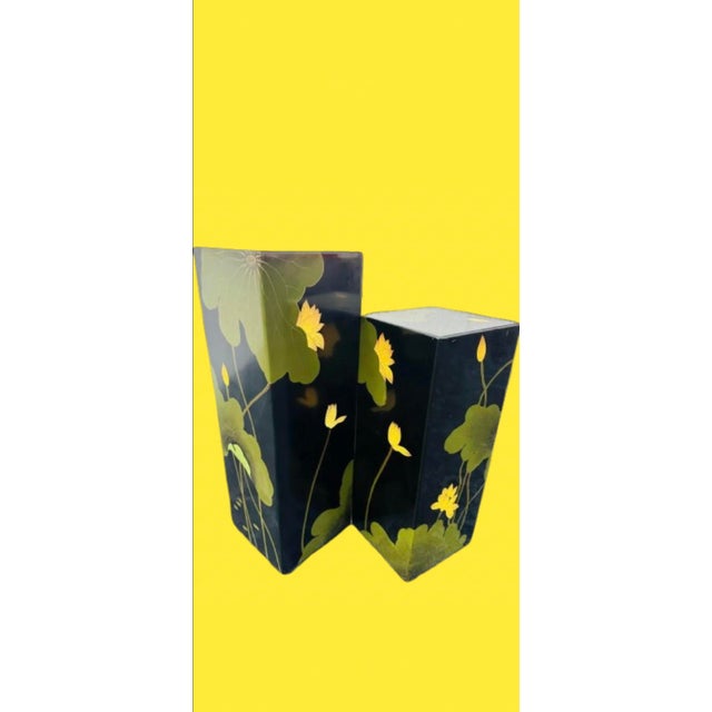 Chinoiserie Vintage Asian Floral Lacquer Pedestals - a Pair For Sale - Image 3 of 12