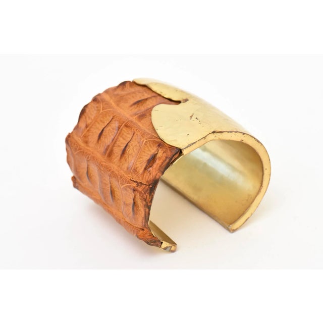 2000 - 2009 Studio Signed Hand Hammered Brass and Brown Leather Wide Cuff Bracelet 2000 For Sale - Image 5 of 9