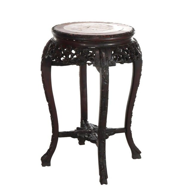 Chinese Antique Chinese Floral Carved Rosewood Rouge Marble Top Stand C1910 For Sale - Image 3 of 9