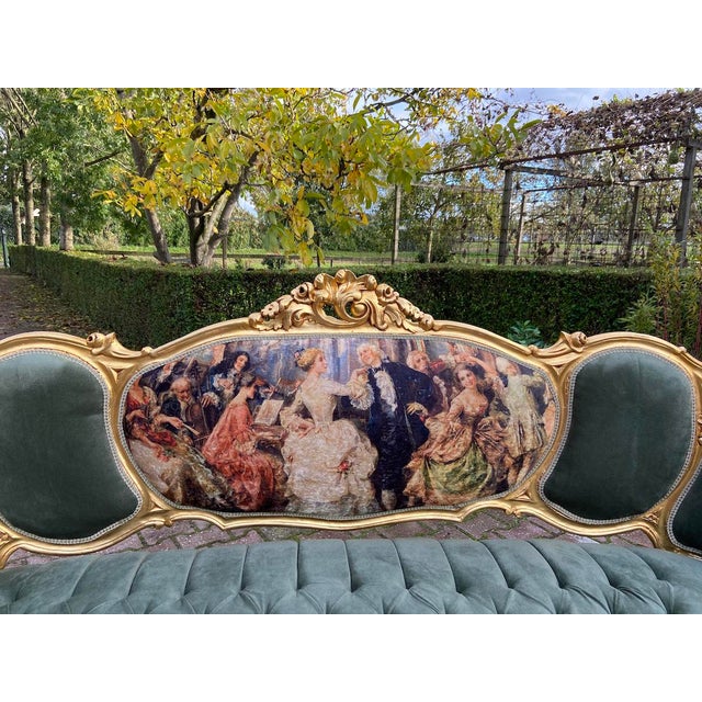 French 1950's Louis XVI Living Room Set Green Velvet - 3 Pieces For Sale - Image 3 of 13