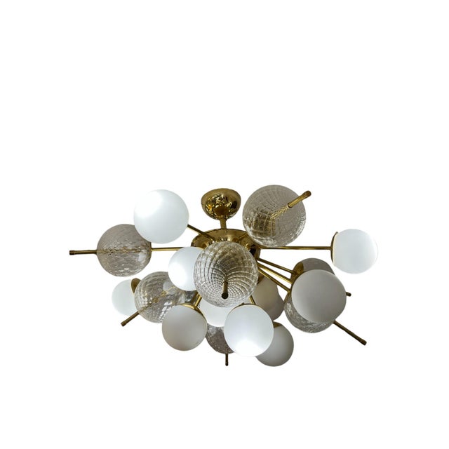 Metal Sputnik Ceiling Light with White and Transparent Murano Glass Globes, 1960s For Sale - Image 7 of 7