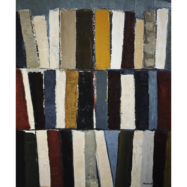 This contemporary abstract painting by French artist Sophie Dumont presents a stylized library composition built from...