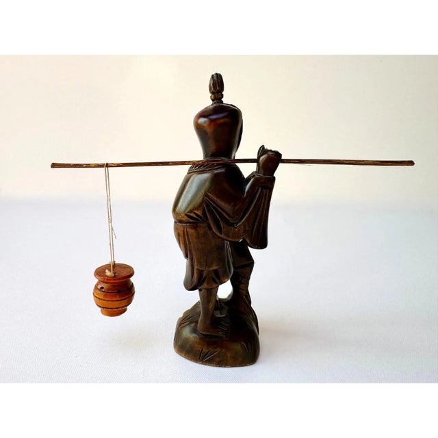 Title: Vintage Hand Carved Wood Fisherman Figure With Shoulder Pole For Sale - Image 6 of 8