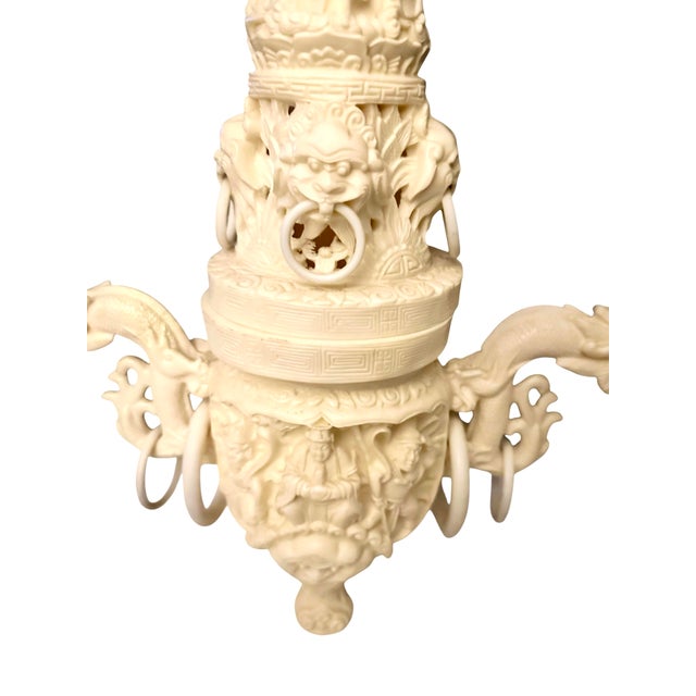 Vintage Asian Faux Ivory Vase With Ornate Sculptures and Dragon Handles For Sale - Image 4 of 12
