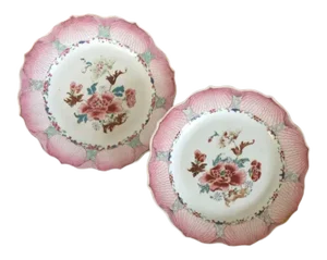 1760 Chinese Export Porcelain Famille Rose Pink Lotus Plates with Peony Design - A Pair