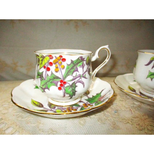 Royal Albert 1950s Royal Albert Bone China Flower of the Month Series #12 Holly 3 Teacups & Saucers Set- 6 Pieces For Sale - Image 4 of 10