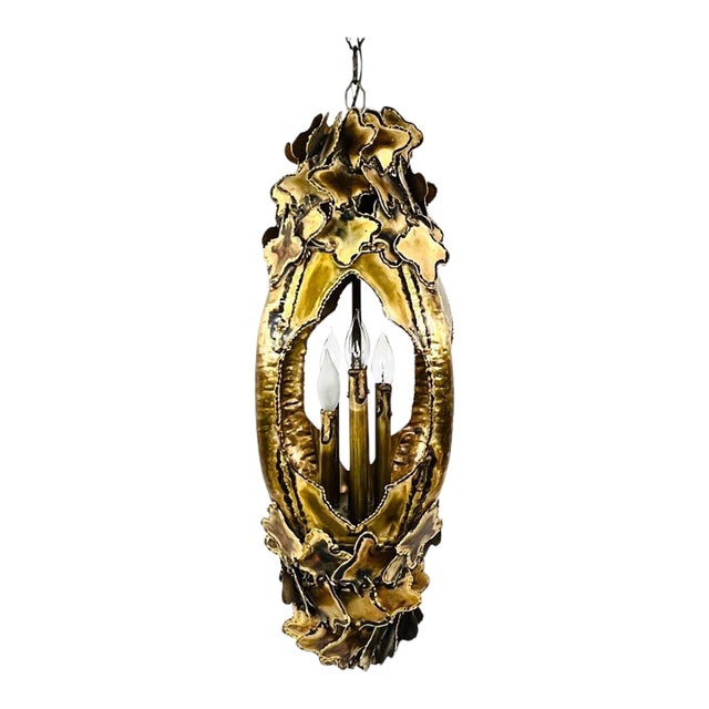 1970s Torch Cut Brass Brutalist Chandelier by Tom Greene for Feldman For Sale