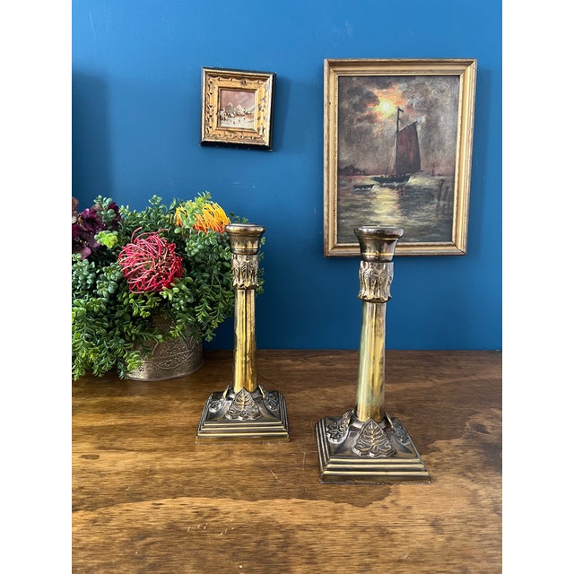 English Antique Brass Candlesticks With Ivy Relief Bases, Circa 1900 For Sale - Image 9 of 17