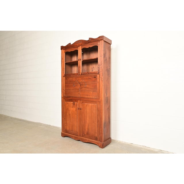 Farmhouse English Country Farmhouse Studio Crafted Carved Walnut Drop Front Secretary Desk With Bookcase For Sale - Image 3 of 14