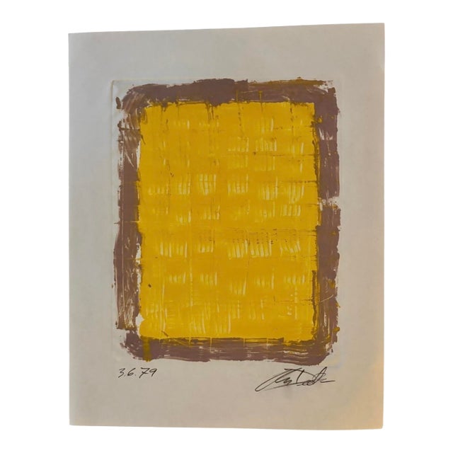 Yellow Abstract Geometric Style Lithograph Painting on Paper, Signed, Dated 1979 For Sale