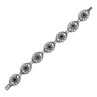 Art Deco Green and Clear Paste Flower Bracelet, 1930s For Sale