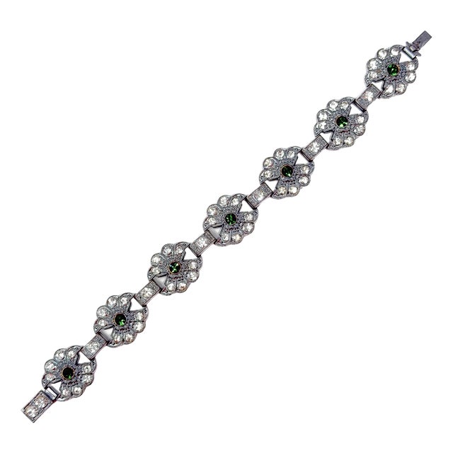 Art Deco Green and Clear Paste Flower Bracelet, 1930s For Sale