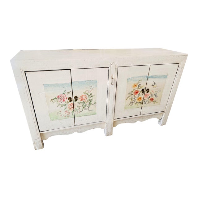 Antique Hand Painted Asian Sideboard Cabinet For Sale