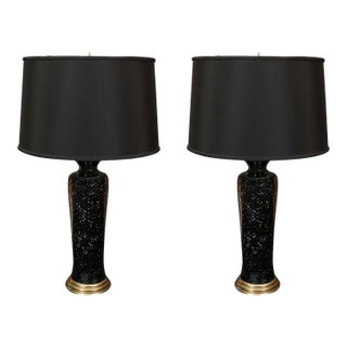 Late 20th Century Tall Black Crackle Glaze Table Lamps With Shades - a Pair For Sale