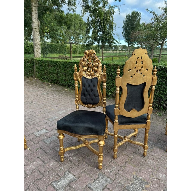 1900 Italian Baroque Rococo Gilded Beech Black Velvet Chairs - Set of 7 For Sale - Image 16 of 18