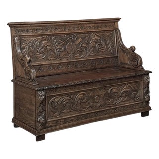 19th Century French Renaissance Revival Oak Trunk ~ Hall Bench For Sale