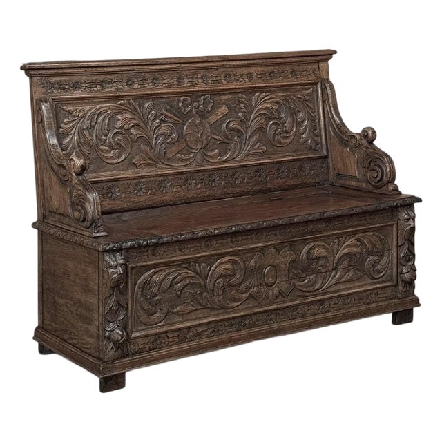 19th Century French Renaissance Revival Oak Trunk ~ Hall Bench For Sale