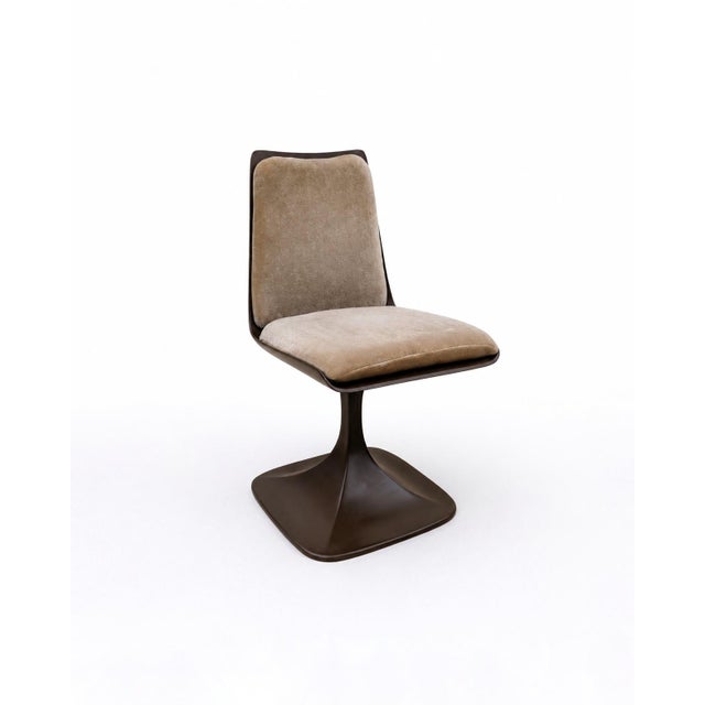 Pair of Tulip designer chairs in brown lacquered fiberglass with sand-colored cushions. They are fixed and do not swivel....